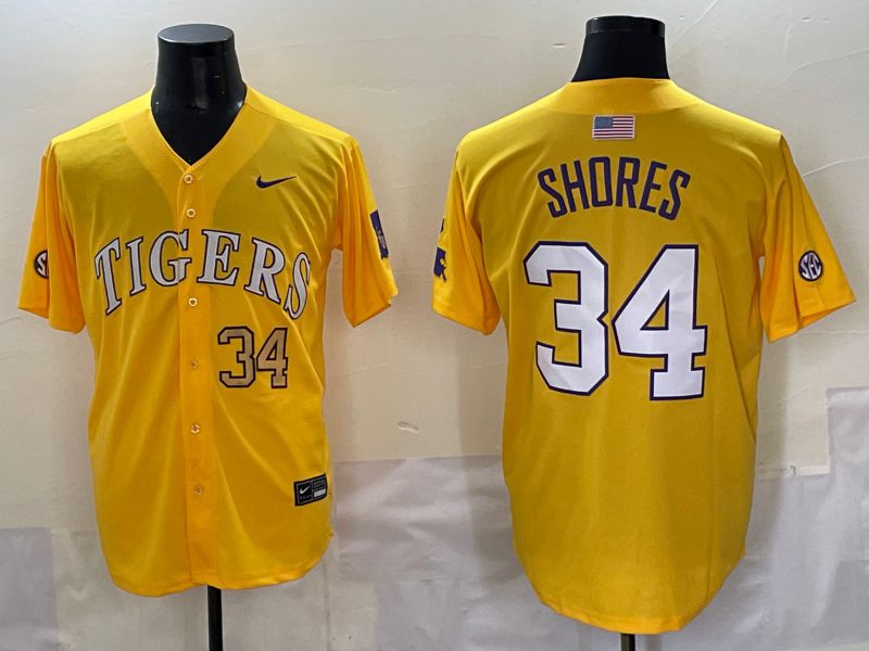 Men 2025 LSU Tigers 34 Shores Yellow Nike Joint Name Nike NCAA Jersey style 3